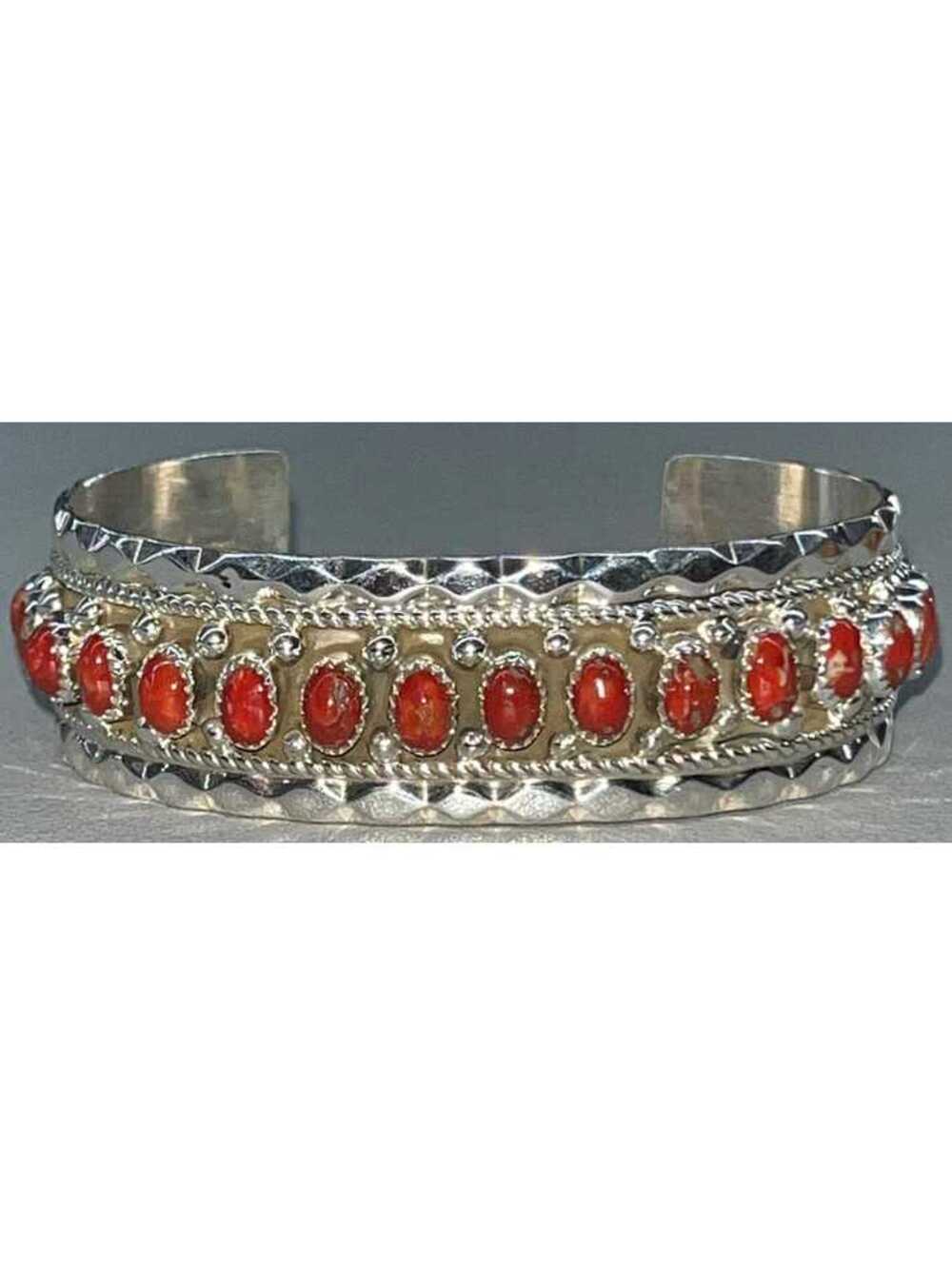 Native American Navajo handmade sterling silver coral statement cluster bracelet